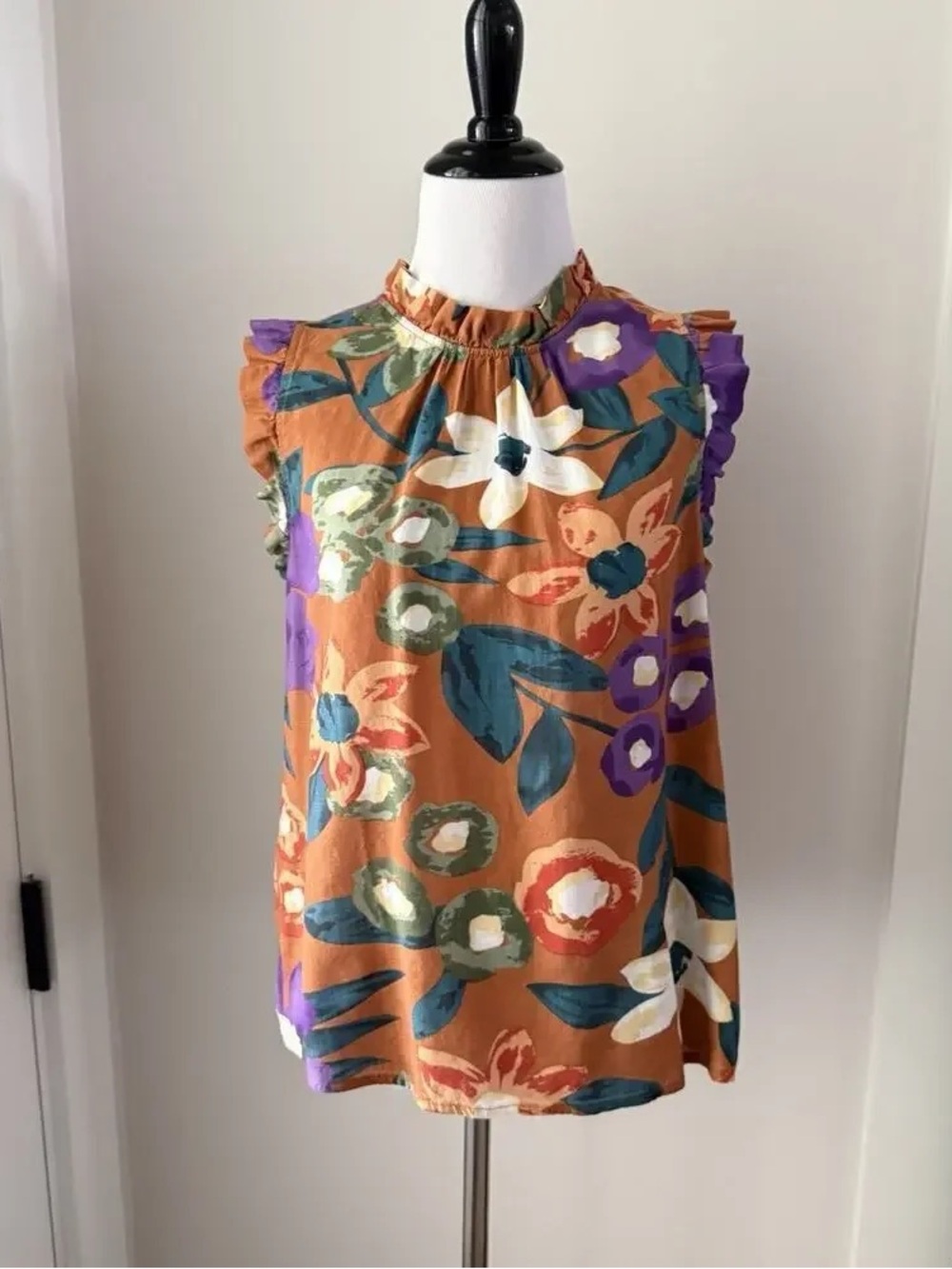 Sleeveless Floral Ruffle Neck Blouse - Rust Multi